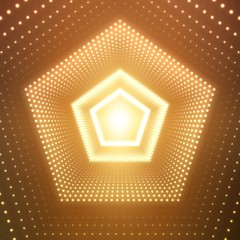 Vector infinite pentagonal tunnel of shining flares on orange background. Glowing points form tunnel sectors. Abstract cyber colorful background for your designs. Elegant modern geometric wallpaper.