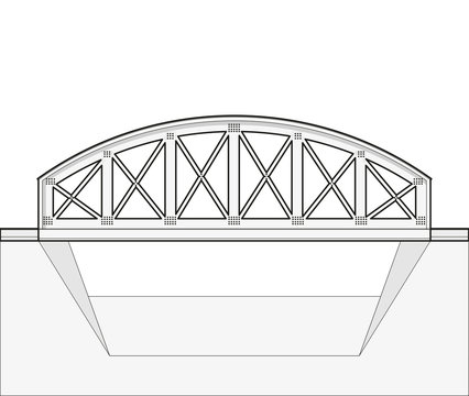 Vector arched train bridge in side view and isolated on white background. Industrial transportation building. Metallic bridge architecture. Outlined railway arc bridge. Assembled bridge construction.