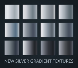 Set of 12 different silver gradients isolated on dark background.