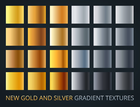 Set of silver and gold gradients on dark background, 24 different colour style, metallic effect.