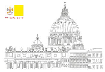 Vatican minimal vector illustration on white background, view of Saint Peters basilica and Vatican flag - obrazy, fototapety, plakaty