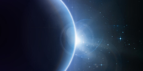 Fototapeta na wymiar Abstract vector blue background with planet and eclipse of its star. Bright star light shine from the edge of a planet with a protuberance. Sparkles of stars on the background.