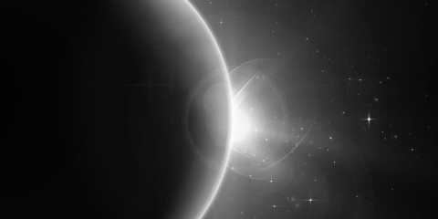 Fototapeta na wymiar Abstract vector monochrome background with planet and eclipse of its star. Bright star light shine from the edge of a planet with a protuberance. Sparkles of stars on the background.