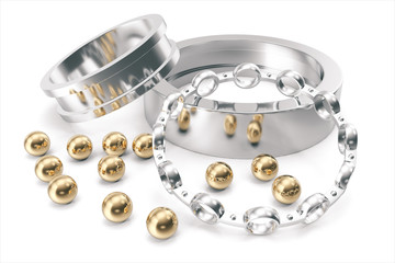 Silver and gold balls bearings on a white background. 3d rendering