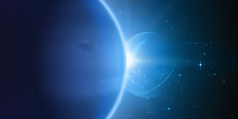 Fototapeta na wymiar Abstract vector blue background with plant and eclipse of its star. Bright star light shine from the edge of a planet with a protuberance. Sparkles of stars on the background.