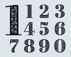 Vector numbers with elegant floral ornaments inside. Exquisite ornamental numbers with shadows and highlights and embossed inner elements. Floral typography.