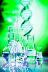 Science Concept. microscope with lab glassware, laboratory research and development 