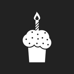 Birthday cake flat icon. Fresh pie muffin on black background