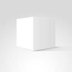 White box cube isolated on white background. Blank empty package 3d design. Gray shadow. Cube or square product design object