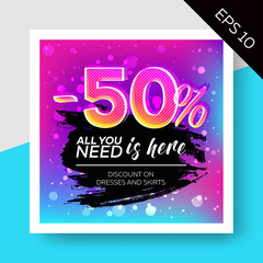 Expressive Vector Sale Template with Watercolor Splash and Calligraphy. Trendy Colorful Elements, Bokeh Effect. Advertising For Store, Web Banner, Pop-up, Website, Flyer.