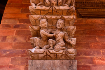 woodcraved pillers of Kamasutras in Temples in Nepal, the art of sensual relationship between man and woman on wood sculpture