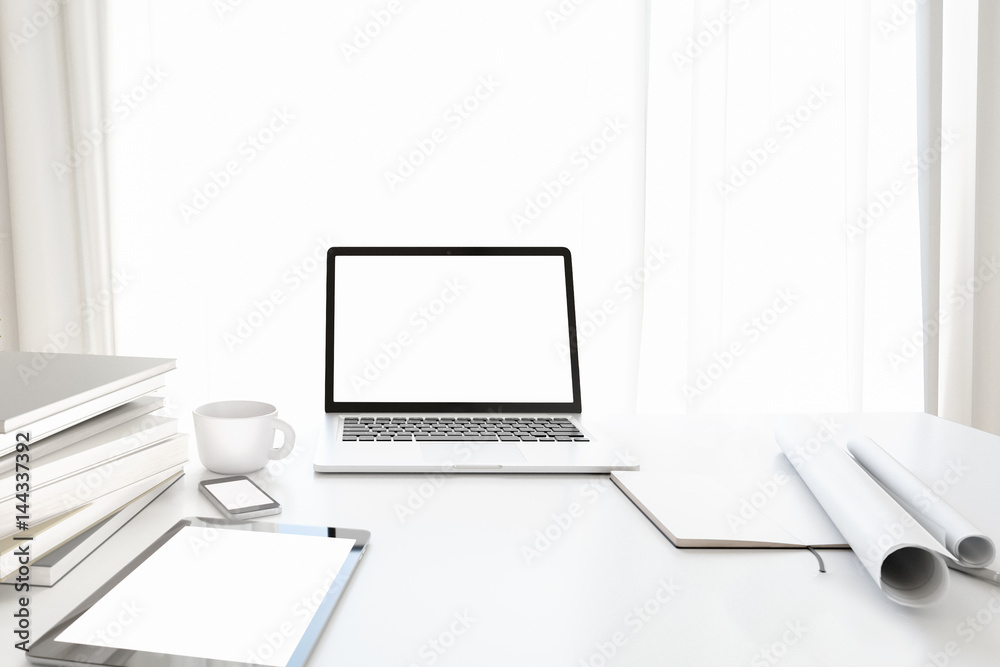 Poster Front view of workpark with blank white computer screen, coffee cup, and book in home work. Mock up , 3D render
