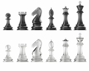 Transparent set of icons chess, isolated on white background, intelligent game, 3d rendering