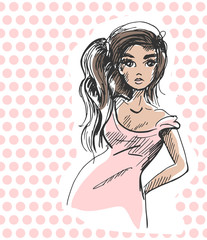 Grafische schets ingekleurde vrouw met roze jurk