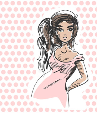 Grafische schets ingekleurde vrouw met roze jurk