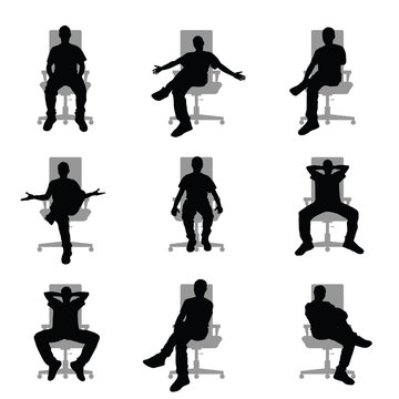 man silhouette sitting on grey office chair set illustration