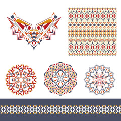 Vector set of decorative elements for design and fashion in ethnic tribal style. Neckline, seamless, border and mandala patterns