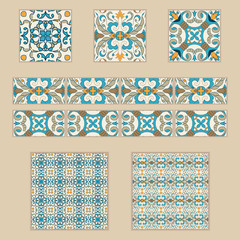 Vector set of Portuguese tiles and borders. Collection of colored patterns for design and fashion