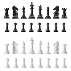 Transparent set of icons chess, isolated on white background, intelligent game, 3d rendering