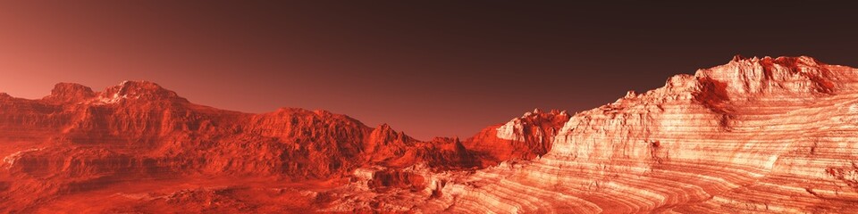Landscape of Mars, Martian panorama, panorama of Mars, mountain landscape, 3d rendering
