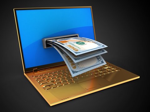 3d golden computer and banknotes