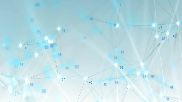 Plexus Flying Numbers Loop 1B: cool blue background gradient, rotating flickering mesh cloud of connections, random blue percentage number values and bright shiny dots. 4K UHD, FullHD, seamless loop.