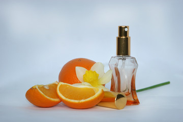 Female perfume with flower and orange on a white background