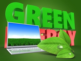 3d computer with green energy sign