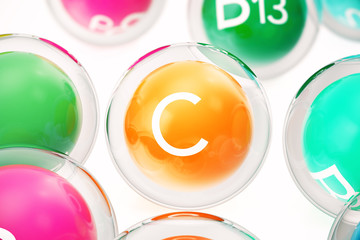 Vitamin C , isolated on white background. Symbol of health and longevity, 3d rendering