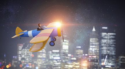 Woman in drawn airplane . Mixed media . Mixed media