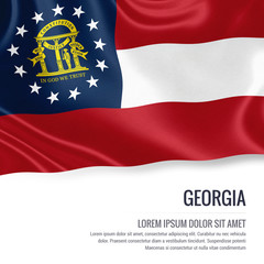 Obraz premium Flag of U.S. state Georgia waving on an isolated white background. State name and the text area for your message.