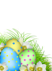 Fototapeta na wymiar Easter card. Eggs, flowers, grass, 3d