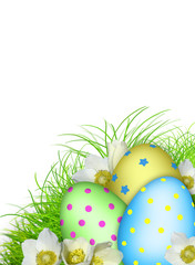 Easter card. Eggs, flowers, grass, 3d