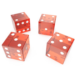 Transparent red cubes on a white background, concept of gambling for example: casino, roulette, 3d rendering