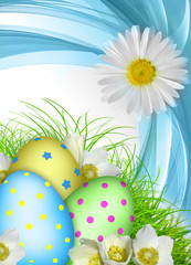 Easter card. Eggs, flowers, grass, 3d