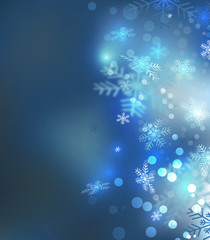 Fototapeta na wymiar Christmas background with snowflakes and bokeh light