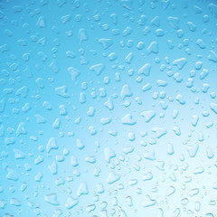 Water droplets on glass, sky background, close-up view, 3d rendering