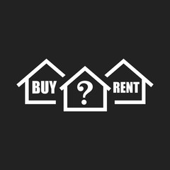 Buy or rent house. Home symbol with the question. Vector illustration in flat style on black background.