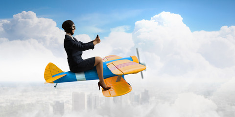 Woman in drawn airplane . Mixed media . Mixed media