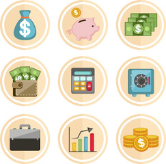 Set money and business symbols, success attributes