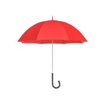 3d rendering of an open red umbrella with a black curved handle isolated on white background.