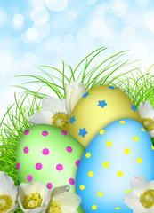 Easter card. Eggs, flowers, grass, 3d