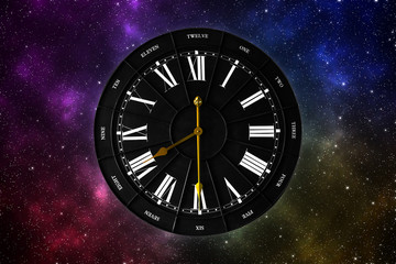 abstract colorful galaxy view with vintage black clock in the middle. 3D illustration/ 3D rendering