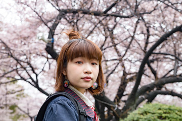 色鮮やかな桜木の下　女性