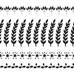Black silhouette of plants, decorative border of flowers and leaves. Illustration for decorating, design.