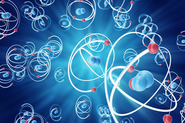 Abstract atom background, digital illustration of atom. Glowing energy balls. Abstract atom close-up as a scientific background, 3d rendering