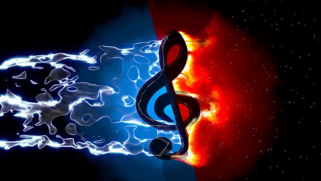 Flux d'eau sur la cl&eacute;f de Sol qui se transforme en feu. Abstrait. Rendu 3D

