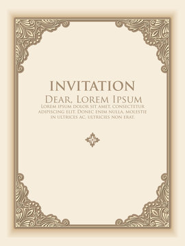 Vector floral and geometric monogram frame on light grey background with sample text. Monogram design element. Old fashioned invitation card.