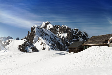 Fototapeta na wymiar Beautiful Landscape with Snowy Mountains. Blue Sky. Horizontal. Alps, Austria.