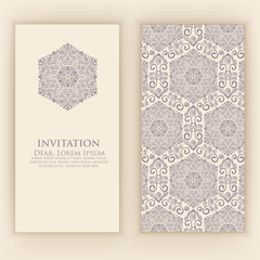 Wedding invitation and announcement card with vintage background artwork. Elegant ornate damask background. Elegant floral abstract ornament. Design template.